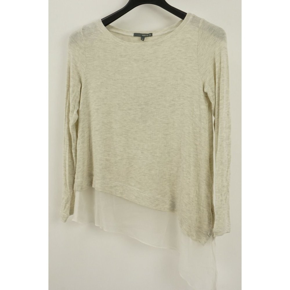 New Matty M Women's Size S Beige Pearl Grey Knit Asymmetric Sheer Trim Crew Top
